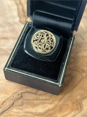Vintage Monet Black Ring with Gold Filigree Medallion 1980s